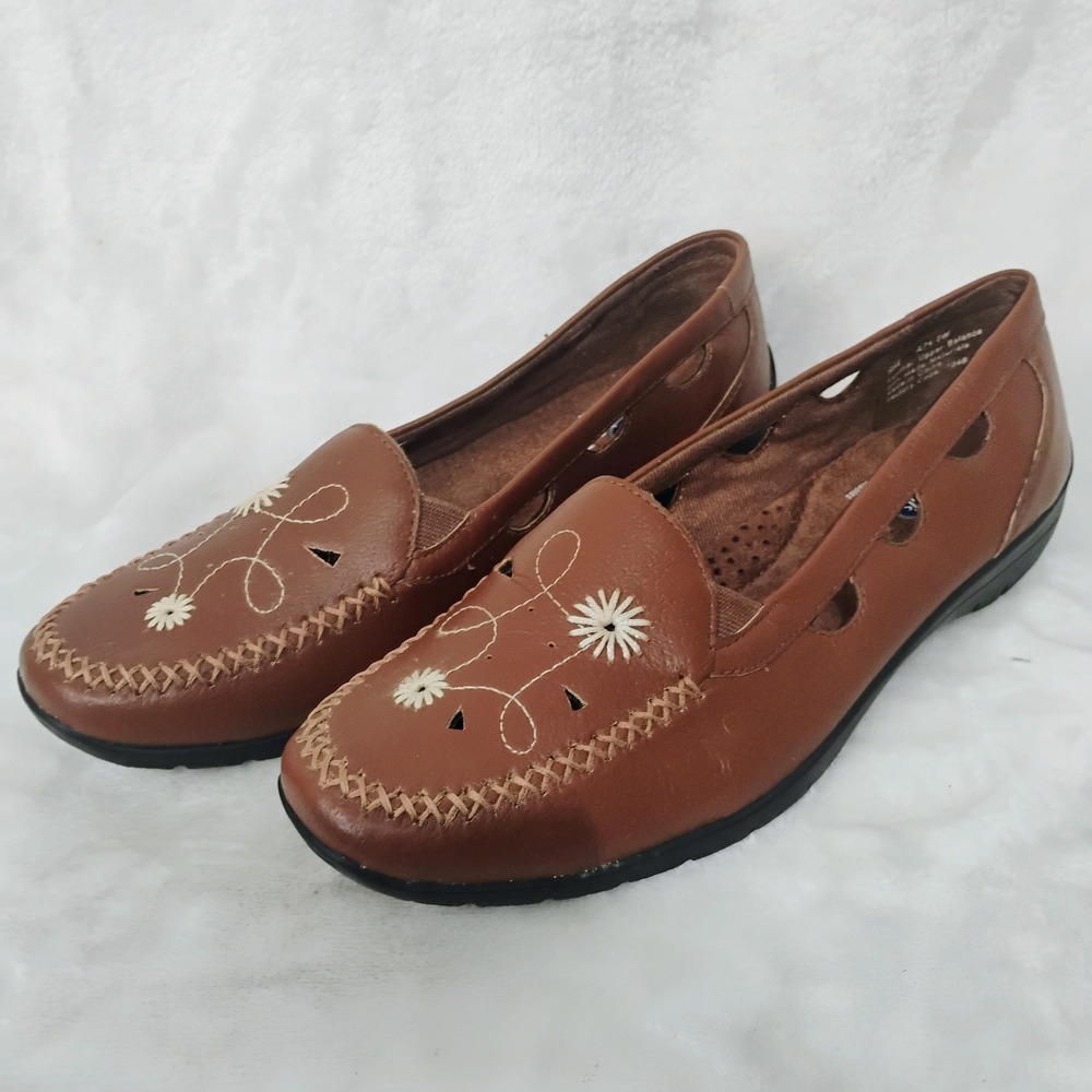 Dr‎ Scholls Brown Leather Floral Embroidered Loafers Flats Womens 9 M
